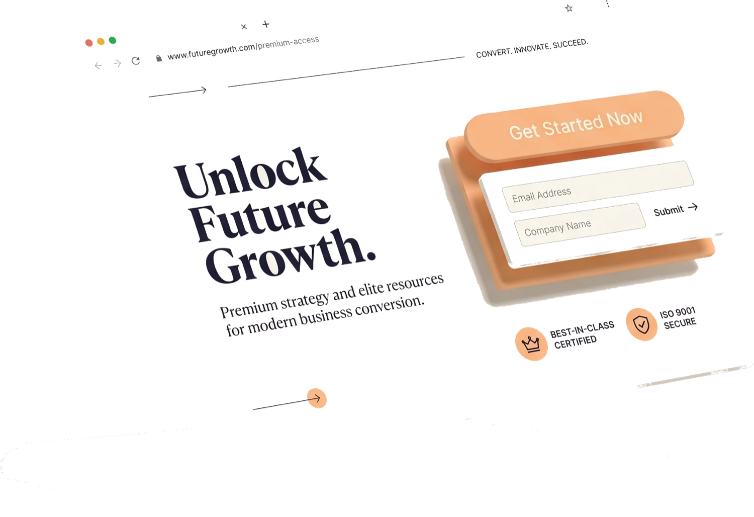 A landing page with the call-to-action and lead form lifting off the screen
