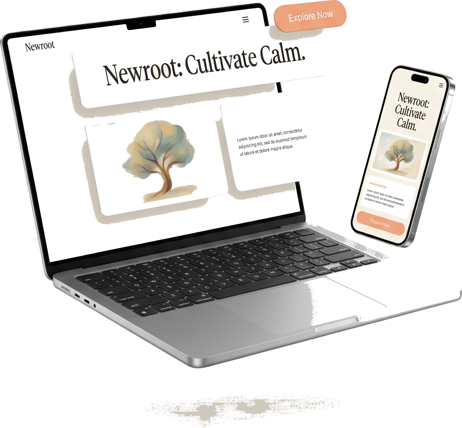 A Newroot-built website floating off a laptop and phone